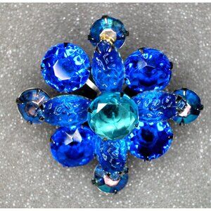Vintage Blue Rhinestone Flower Brooch Mechanical Mechanism